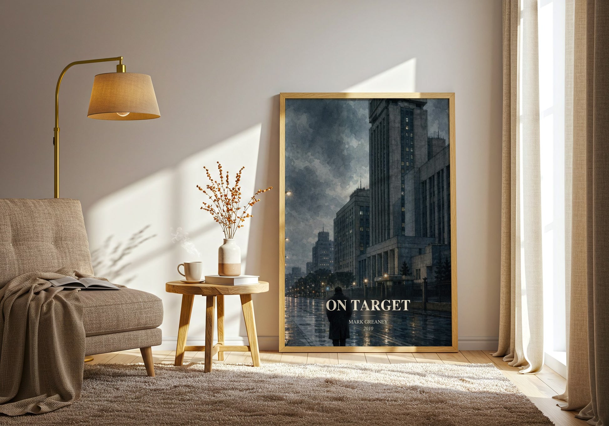 On Target watercolour print in frame leaning in hallway – thriller wall art