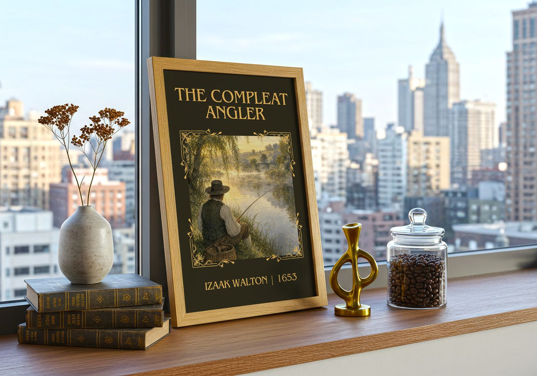 The Compleat Angler Classic Book Art Print by Izaak Walton – framed print on a city-view windowsill