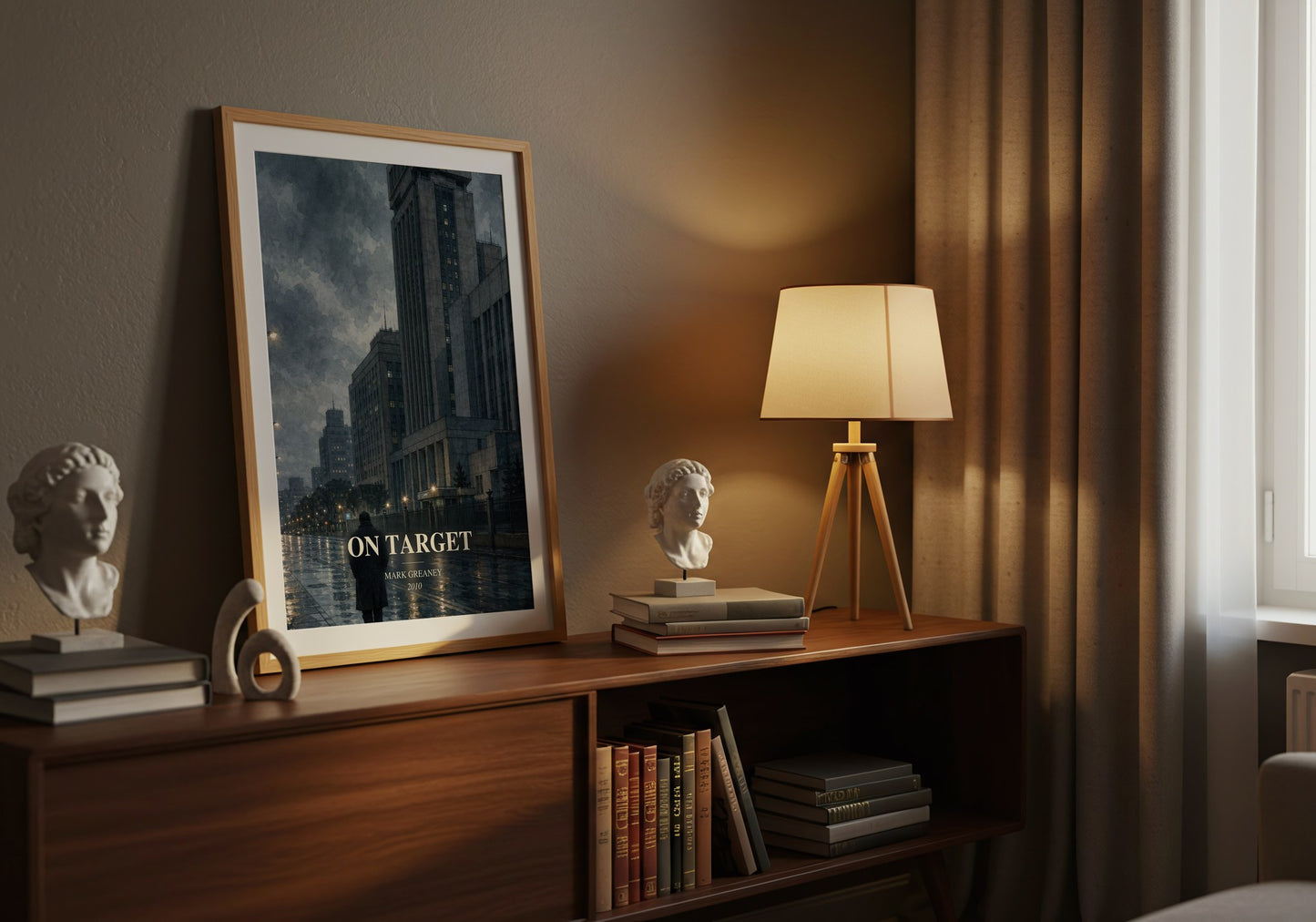 On Target watercolour print on bookshelf – Mark Greaney fan gift