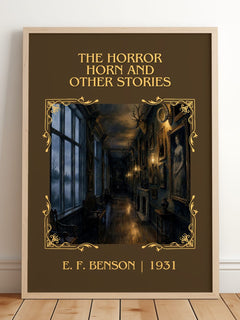 Horror Horn And Other Stories Classic Book Art Print by E. F. Benson – framed print leaning on a wooden floor