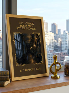 Horror Horn And Other Stories Classic Book Art Print by E. F. Benson – framed print on a city-view windowsill
