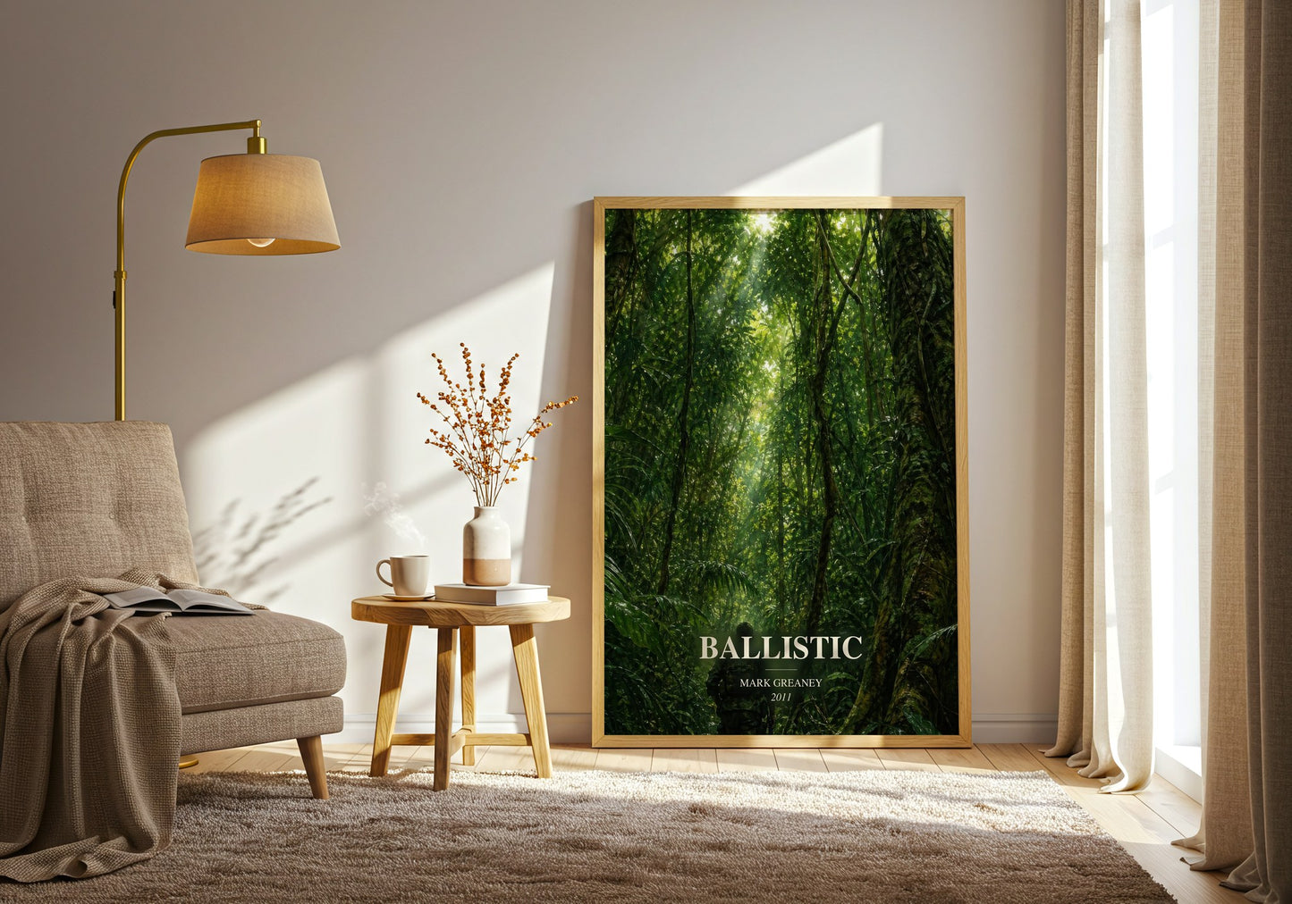 Ballistic watercolour print in frame leaning in hallway – thriller wall art
