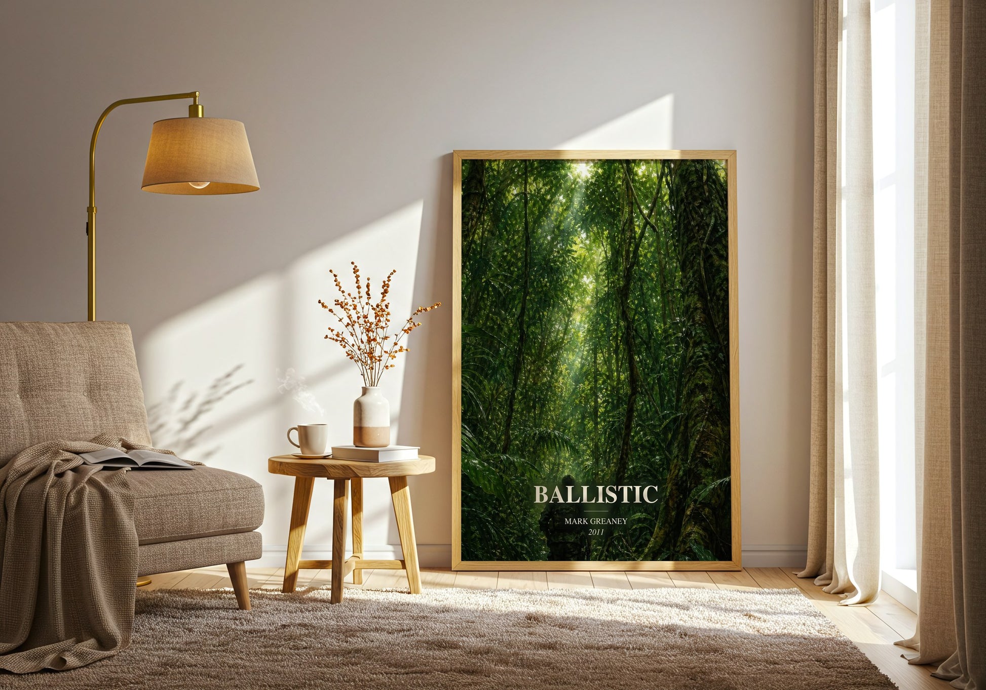 Ballistic watercolour print in frame leaning in hallway – thriller wall art