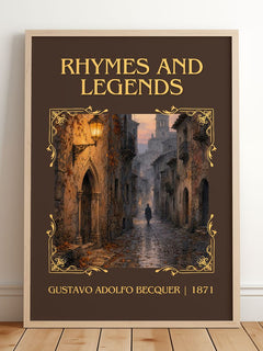 Rhymes And Legends Classic Book Art Print by Gustavo Adolfo Bécquer – framed print leaning on a wooden floor
