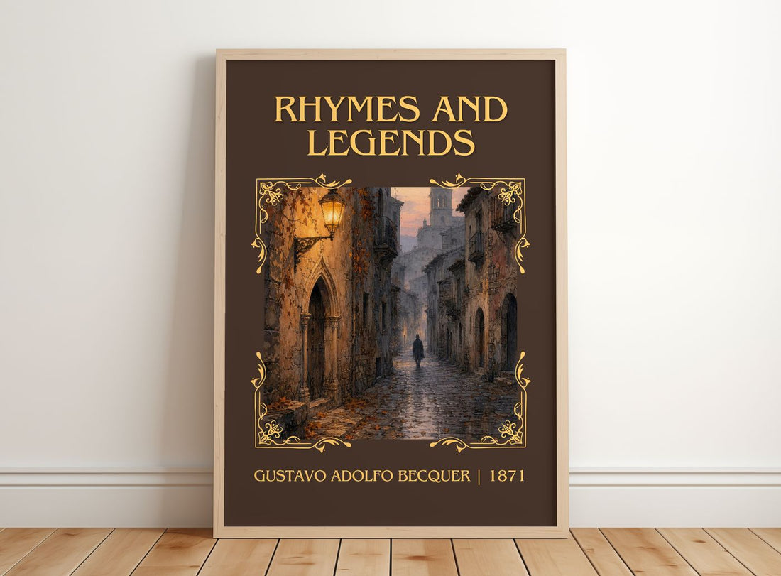 Rhymes And Legends Classic Book Art Print by Gustavo Adolfo Bécquer – framed print leaning on a wooden floor