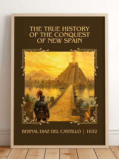 The True History of the Conquest of New Spain Classic Book Art Print by Bernal Díaz del Castillo – framed print leaning on a wooden floor