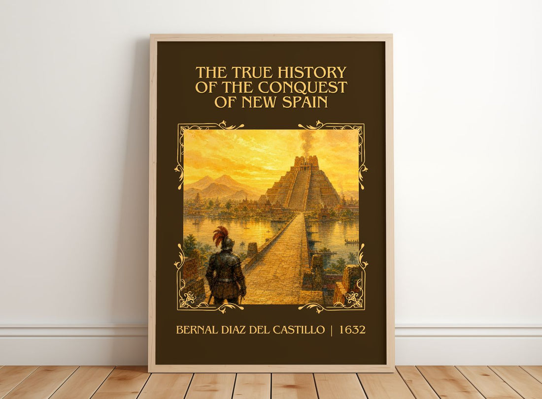 The True History of the Conquest of New Spain Classic Book Art Print by Bernal Díaz del Castillo – framed print leaning on a wooden floor
