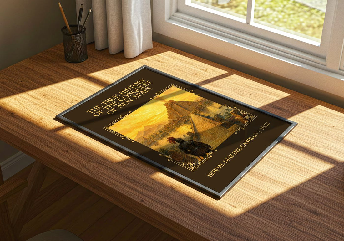 The True History of the Conquest of New Spain Classic Book Art Print by Bernal Díaz del Castillo – print on a sunlit desk