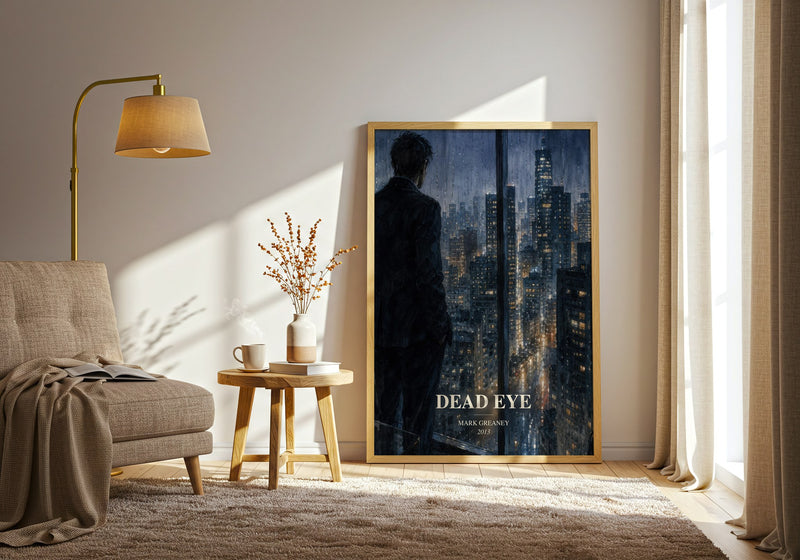 Dead Eye watercolour print in frame leaning in hallway – thriller wall art