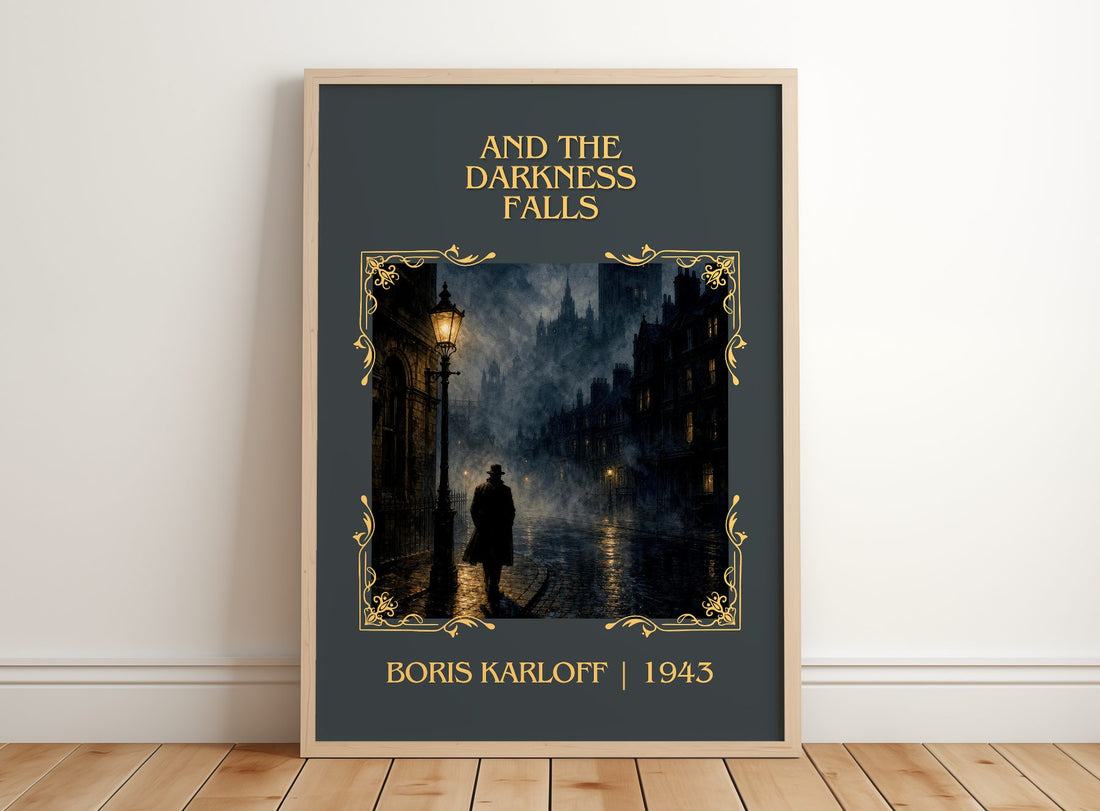 And The Darkness Falls Classic Book Art Print by Boris Karloff – framed print leaning on a wooden floor