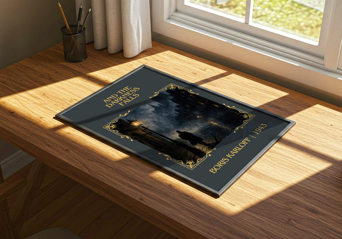 And The Darkness Falls Classic Book Art Print by Boris Karloff – print on a sunlit desk