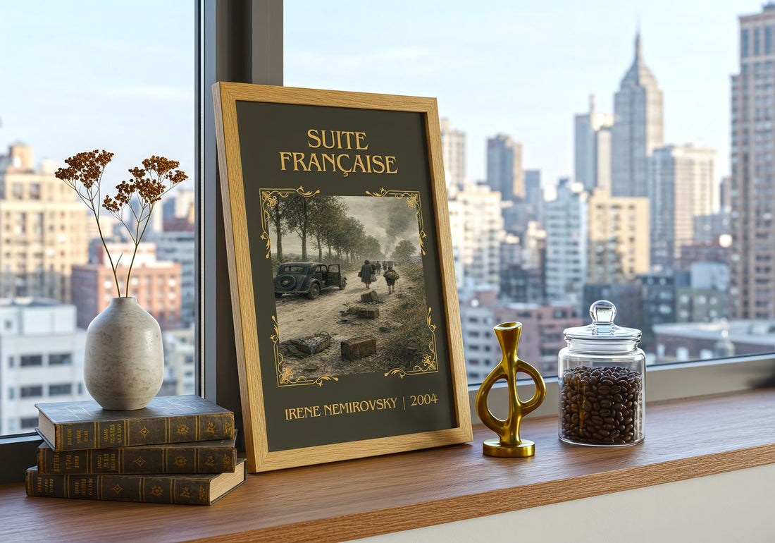 Suite Française Classic Book Art Print by Irène Némirovsky – framed print on a city-view windowsill