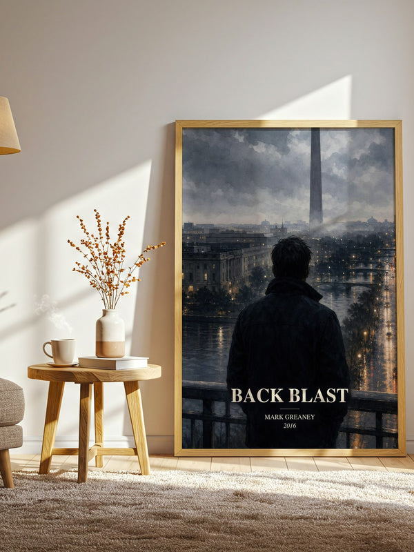 Back Blast watercolour print in frame leaning in hallway – thriller wall art