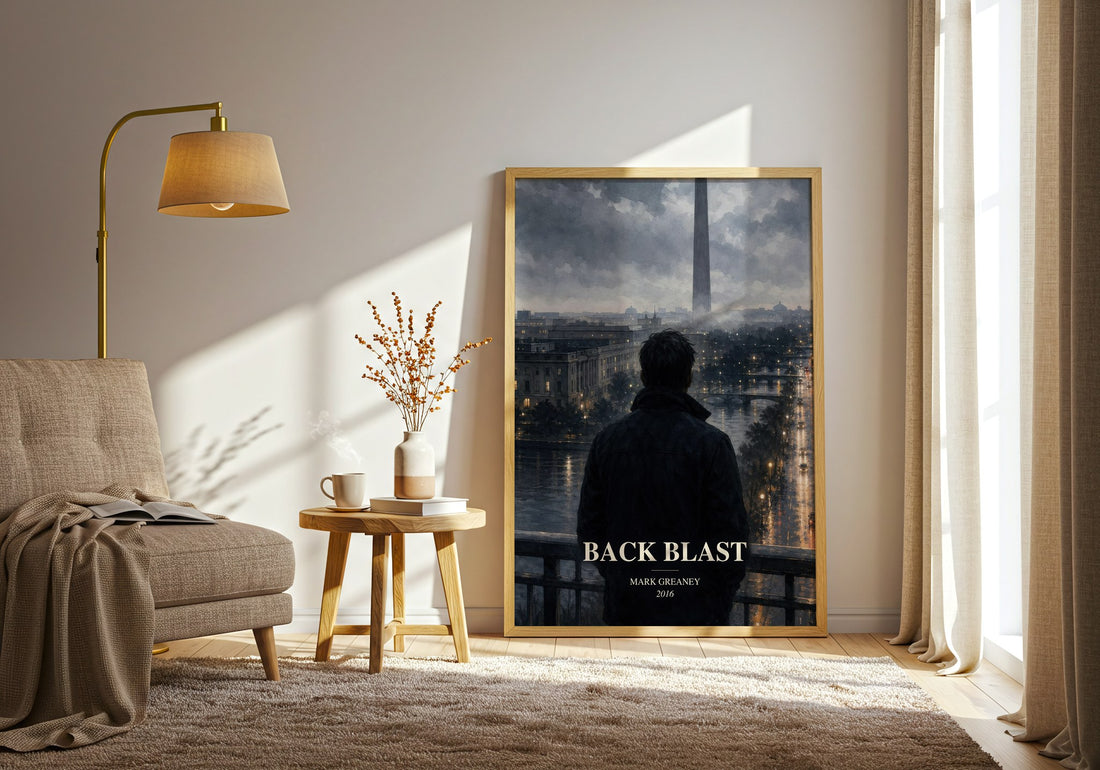 Back Blast watercolour print in frame leaning in hallway – thriller wall art (mockup)