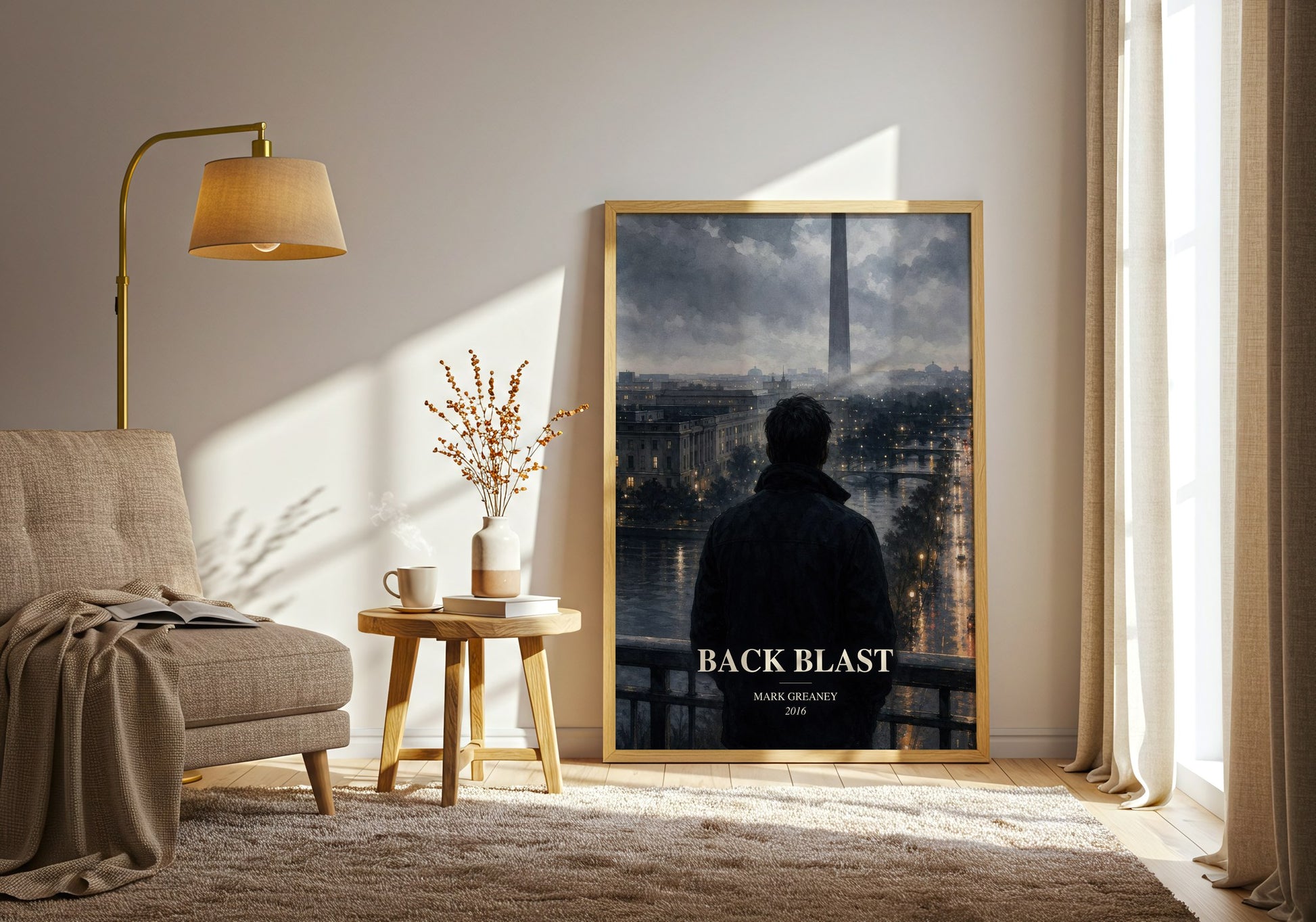 Back Blast watercolour print in frame leaning in hallway – thriller wall art