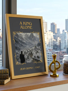 A King Alone Classic Book Art Print by Jean Giono – framed print on a city-view windowsill