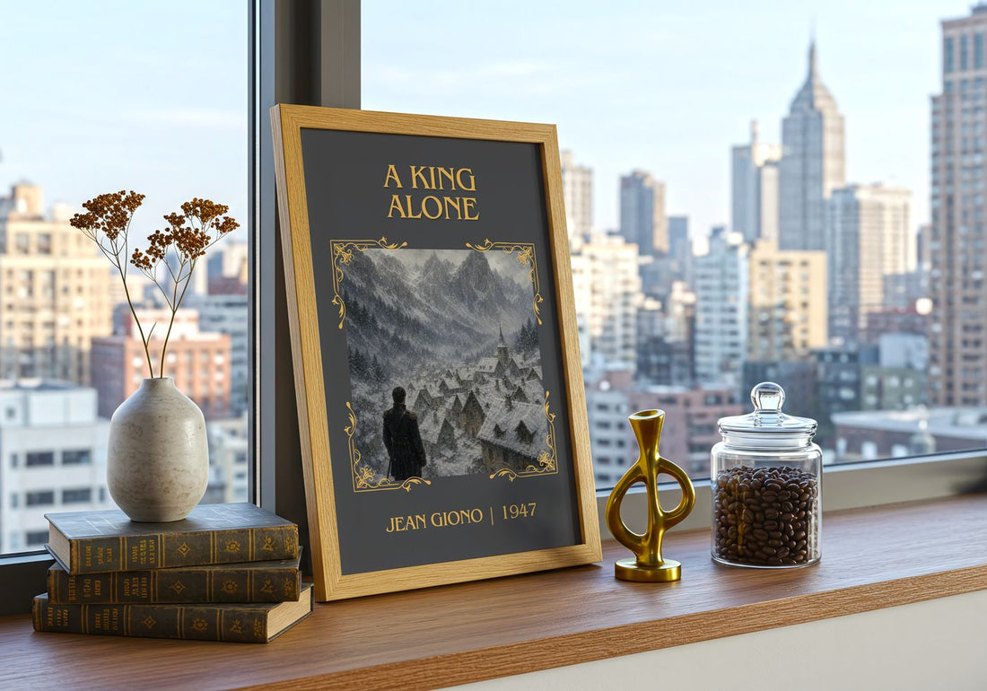 A King Alone Classic Book Art Print by Jean Giono – framed print on a city-view windowsill