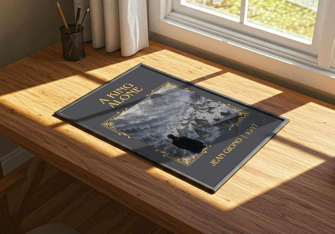 A King Alone Classic Book Art Print by Jean Giono – print on a sunlit desk