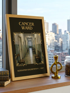 Cancer Ward Classic Book Art Print by Aleksandr Solzhenitsyn – framed print on a city-view windowsill