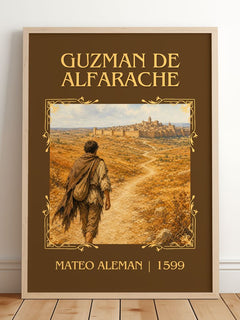 Guzmán de Alfarache Classic Book Art Print by Mateo Alemán – framed print leaning on a wooden floor