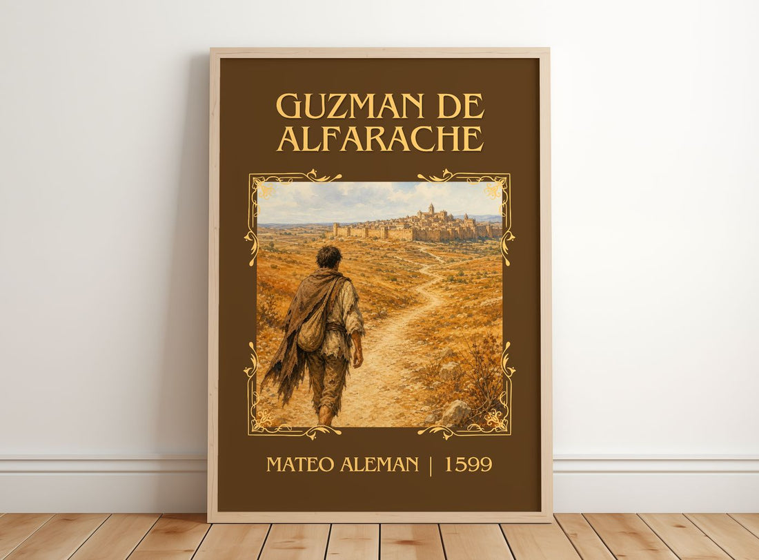 Guzmán de Alfarache Classic Book Art Print by Mateo Alemán – framed print leaning on a wooden floor