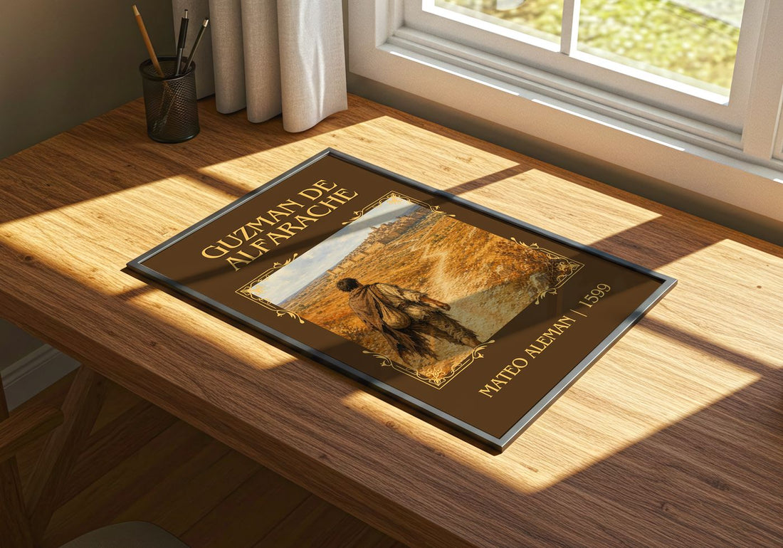 Guzmán de Alfarache Classic Book Art Print by Mateo Alemán – print on a sunlit desk