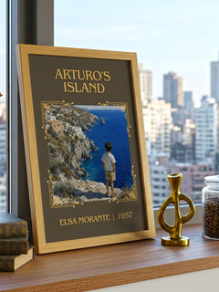 Arturo's Island Classic Book Art Print by Elsa Morante – framed print on a city-view windowsill
