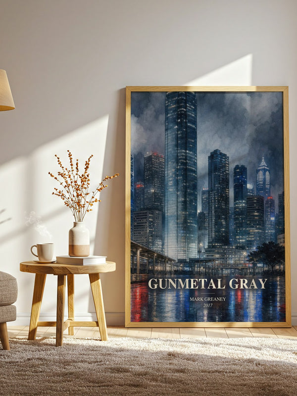 Gunmetal Gray watercolour print in frame leaning in hallway – thriller wall art