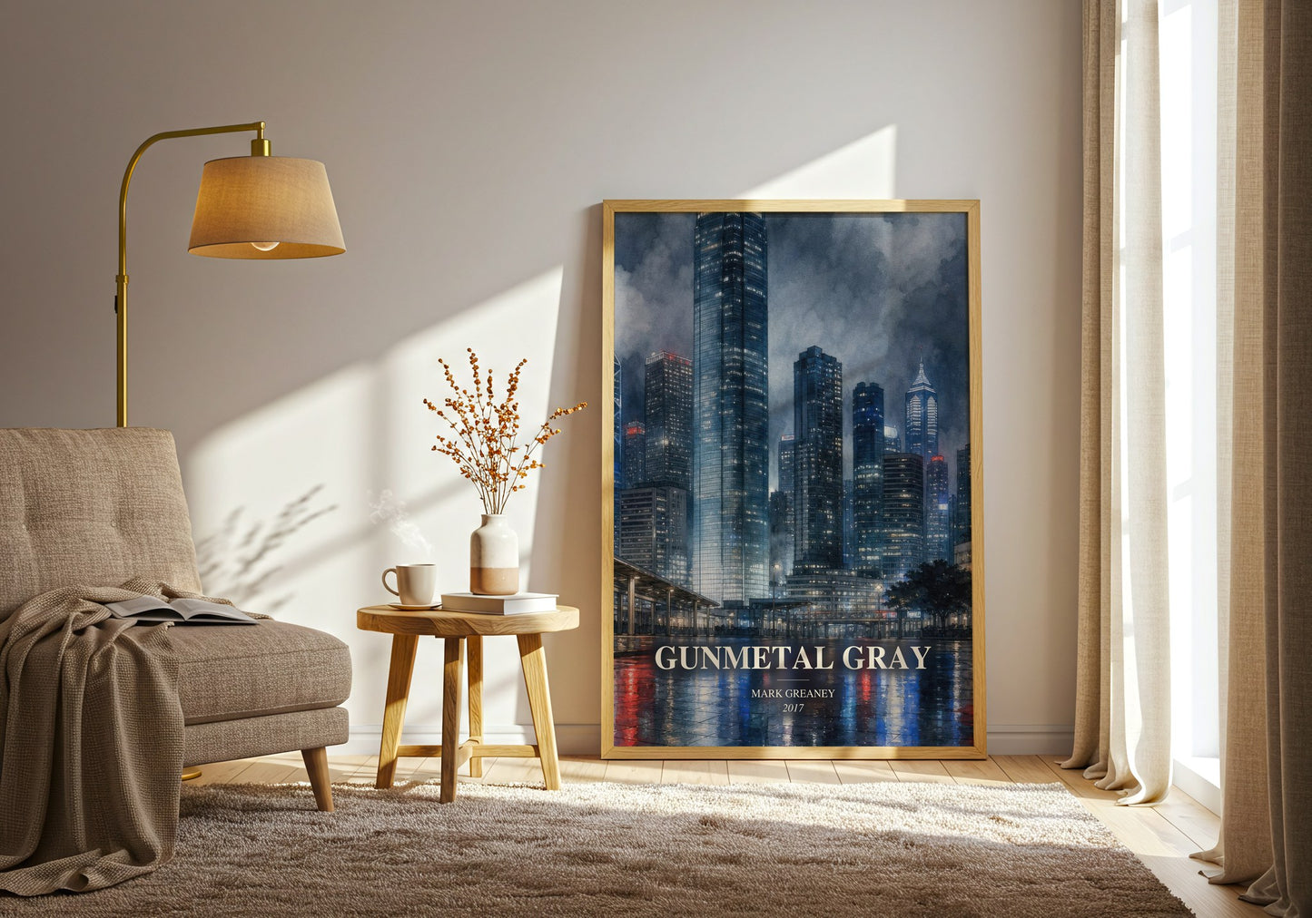 Gunmetal Gray watercolour print in frame leaning in hallway – thriller wall art