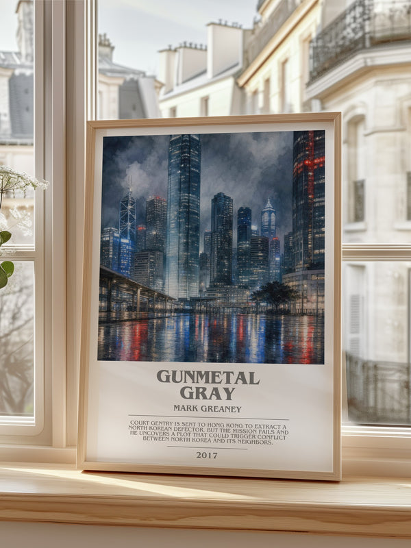 Gunmetal Gray Bookish Wall Art by Mark Greaney – framed print by a bright window