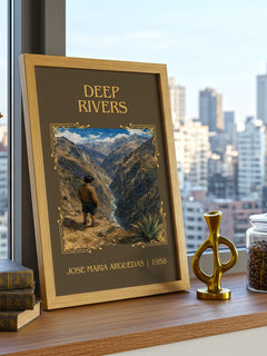 Deep Rivers Classic Book Art Print by José María Arguedas – framed print on a city-view windowsill
