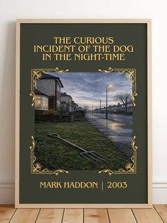 The Curious Incident of the Dog in the Night-time Classic Book Art Print by Mark Haddon – framed print leaning on a wooden floor
