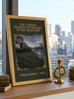 The Curious Incident of the Dog in the Night-time Classic Book Art Print by Mark Haddon – framed print on a city-view windowsill