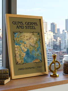 Guns, Germs, and Steel Classic Book Art Print by Jared Diamond – framed print on a city-view windowsill