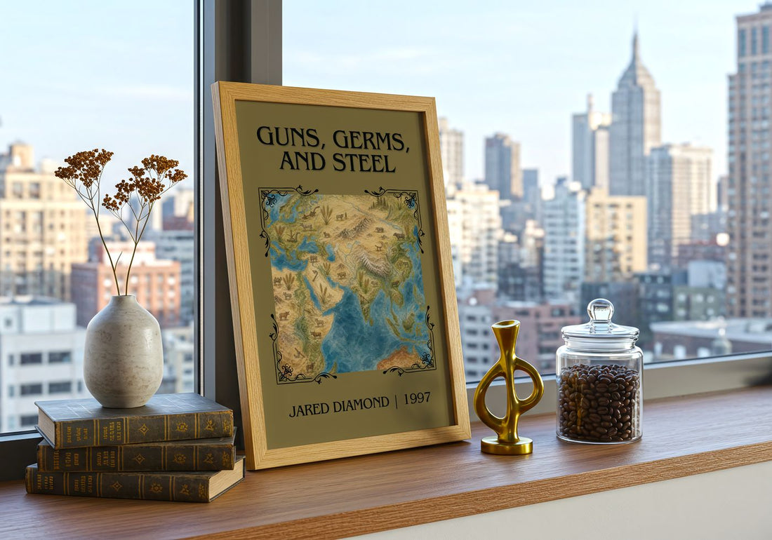 Guns, Germs, and Steel Classic Book Art Print by Jared Diamond – framed print on a city-view windowsill