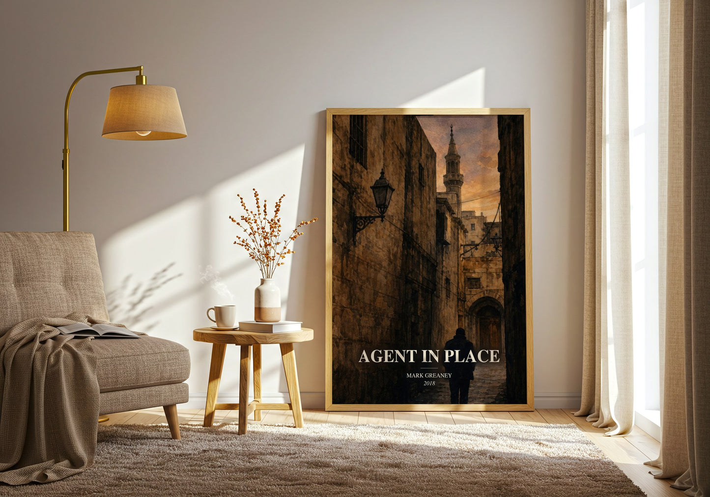 Agent In Place watercolour print in frame leaning in hallway – thriller wall art