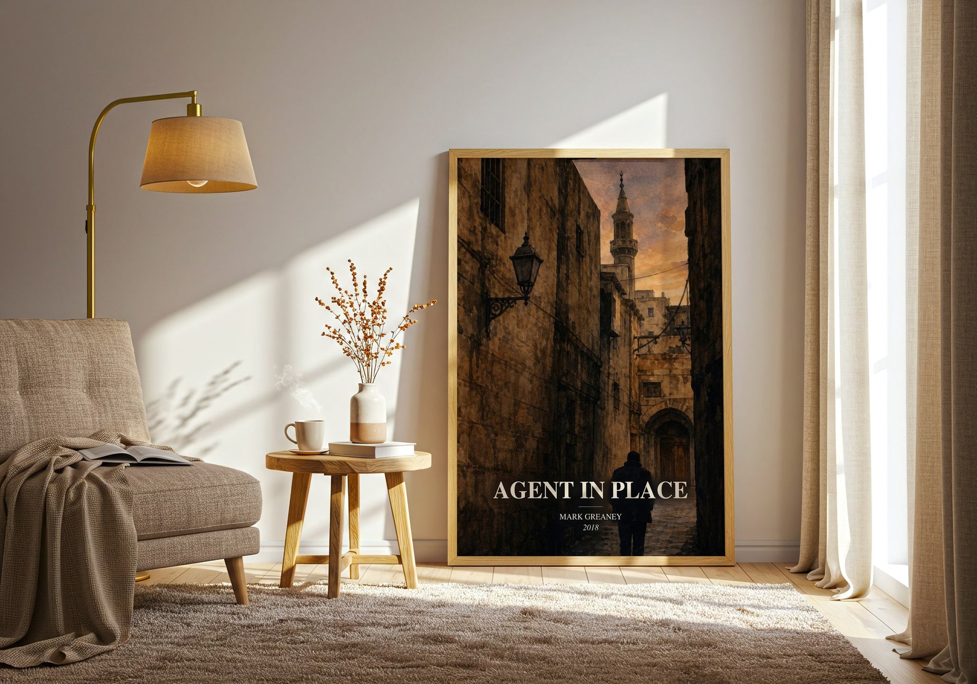 Agent In Place watercolour print in frame leaning in hallway – thriller wall art