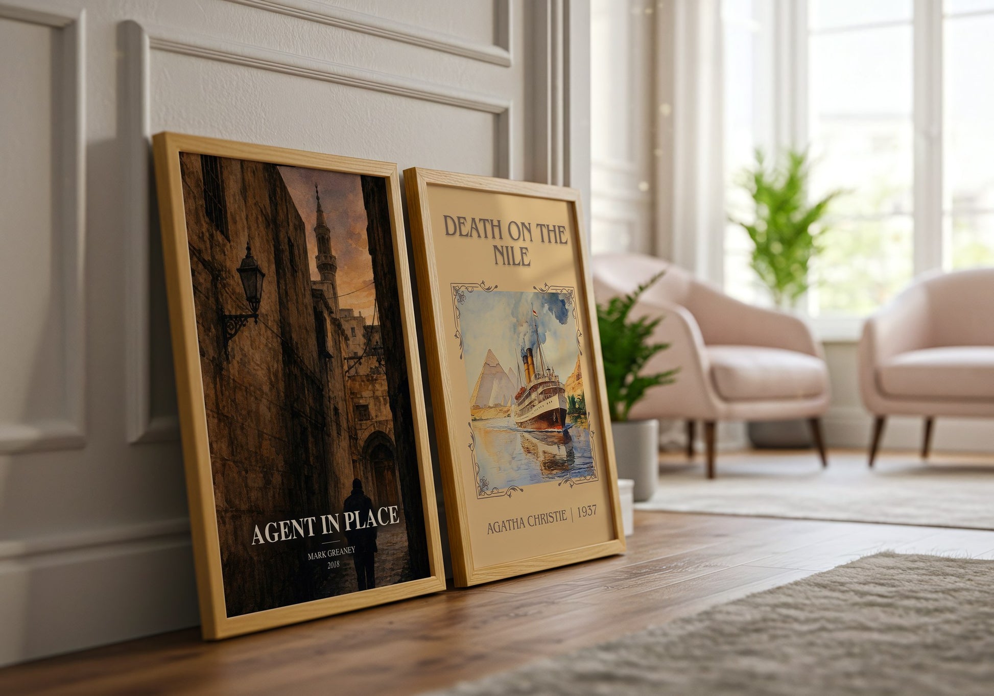 Agent In Place watercolour print framed by window – literary home decor