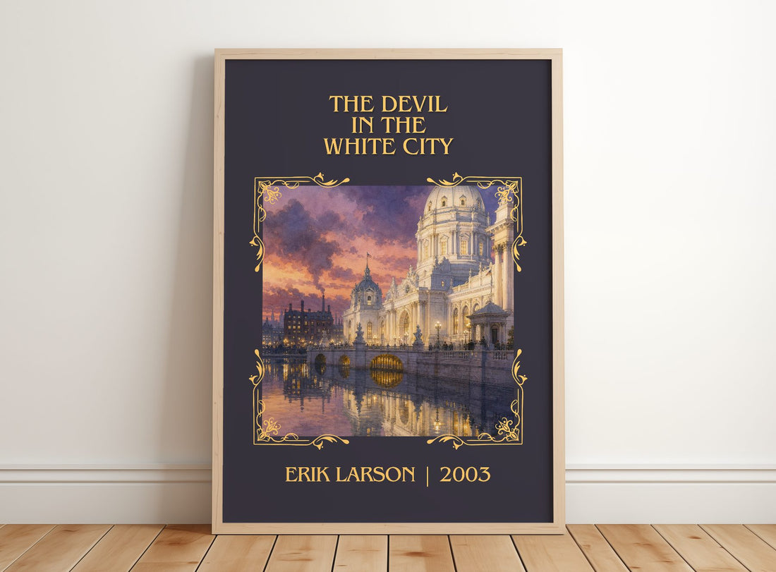 The Devil In The White City Classic Book Art Print by Erik Larson – framed print leaning on a wooden floor