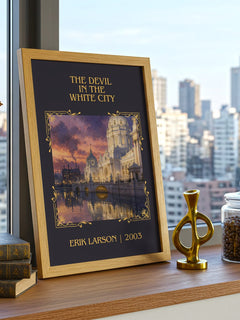 The Devil In The White City Classic Book Art Print by Erik Larson – framed print on a city-view windowsill