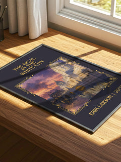 The Devil In The White City Classic Book Art Print by Erik Larson – print on a sunlit desk