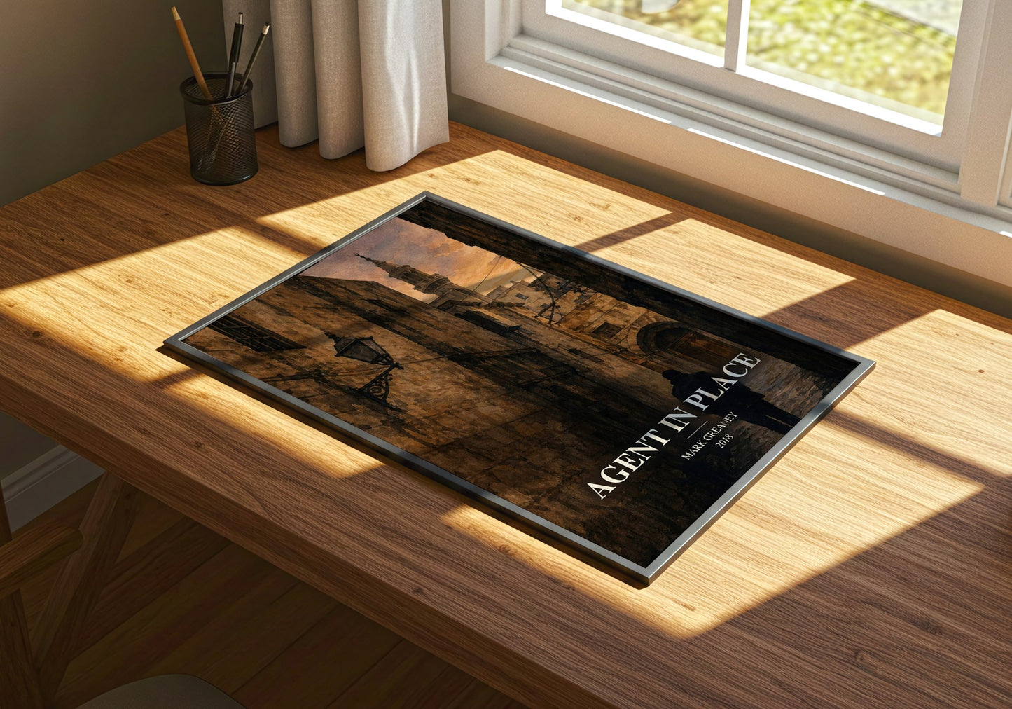 Agent In Place watercolour book poster framed on wall – thriller wall art