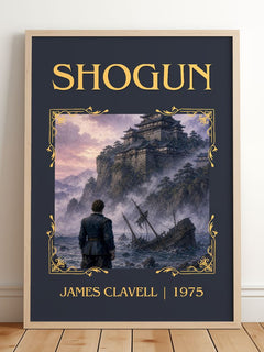 Shogun Classic Book Art Print by James Clavell – framed print leaning on a wooden floor