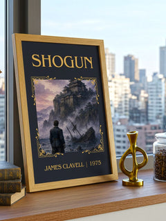 Shogun Classic Book Art Print by James Clavell – framed print on a city-view windowsill