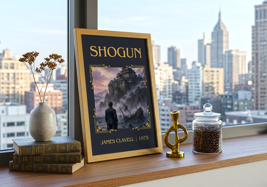 Shogun Classic Book Art Print by James Clavell – framed print on a city-view windowsill