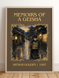 Memoirs of a Geisha Classic Book Art Print by Arthur Golden – framed print leaning on a wooden floor