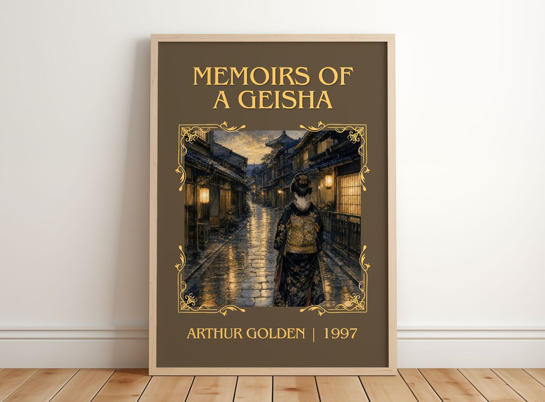 Memoirs of a Geisha Classic Book Art Print by Arthur Golden – framed print leaning on a wooden floor