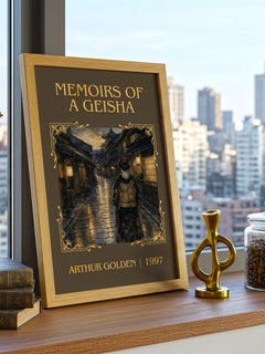 Memoirs of a Geisha Classic Book Art Print by Arthur Golden – framed print on a city-view windowsill