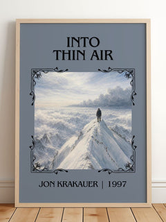 Into Thin Air Classic Book Art Print by Jon Krakauer – framed print leaning on a wooden floor