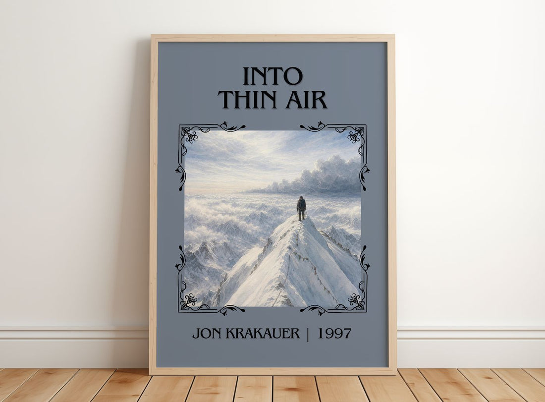 Into Thin Air Classic Book Art Print by Jon Krakauer – framed print leaning on a wooden floor